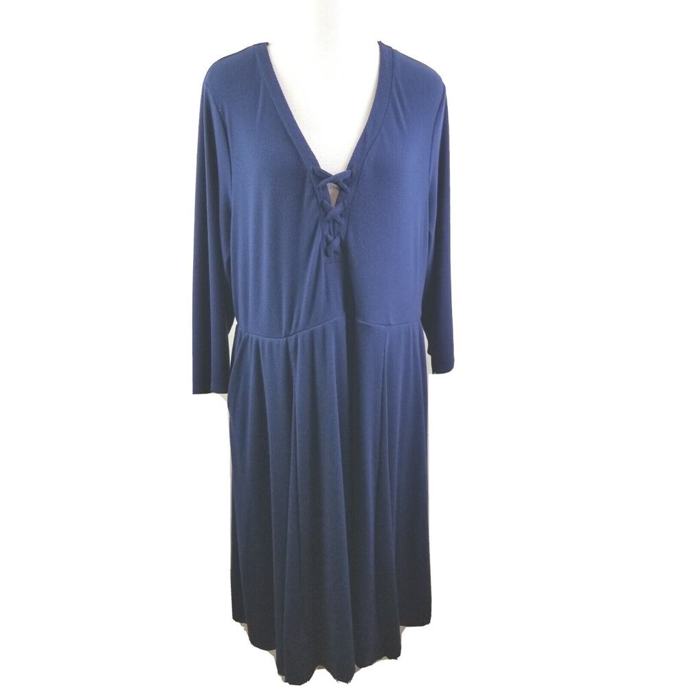 Torrid 3 Women Dress Blue Ribbed Pockets Plus Size 3X Lace Up Stretch